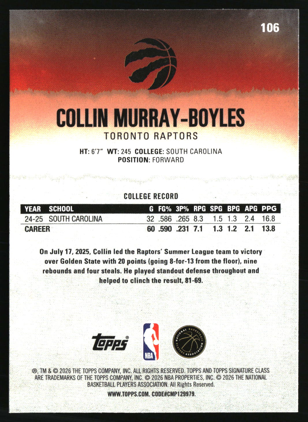 Collin Murray-Boyles 2025-26 Topps Signature Class #106