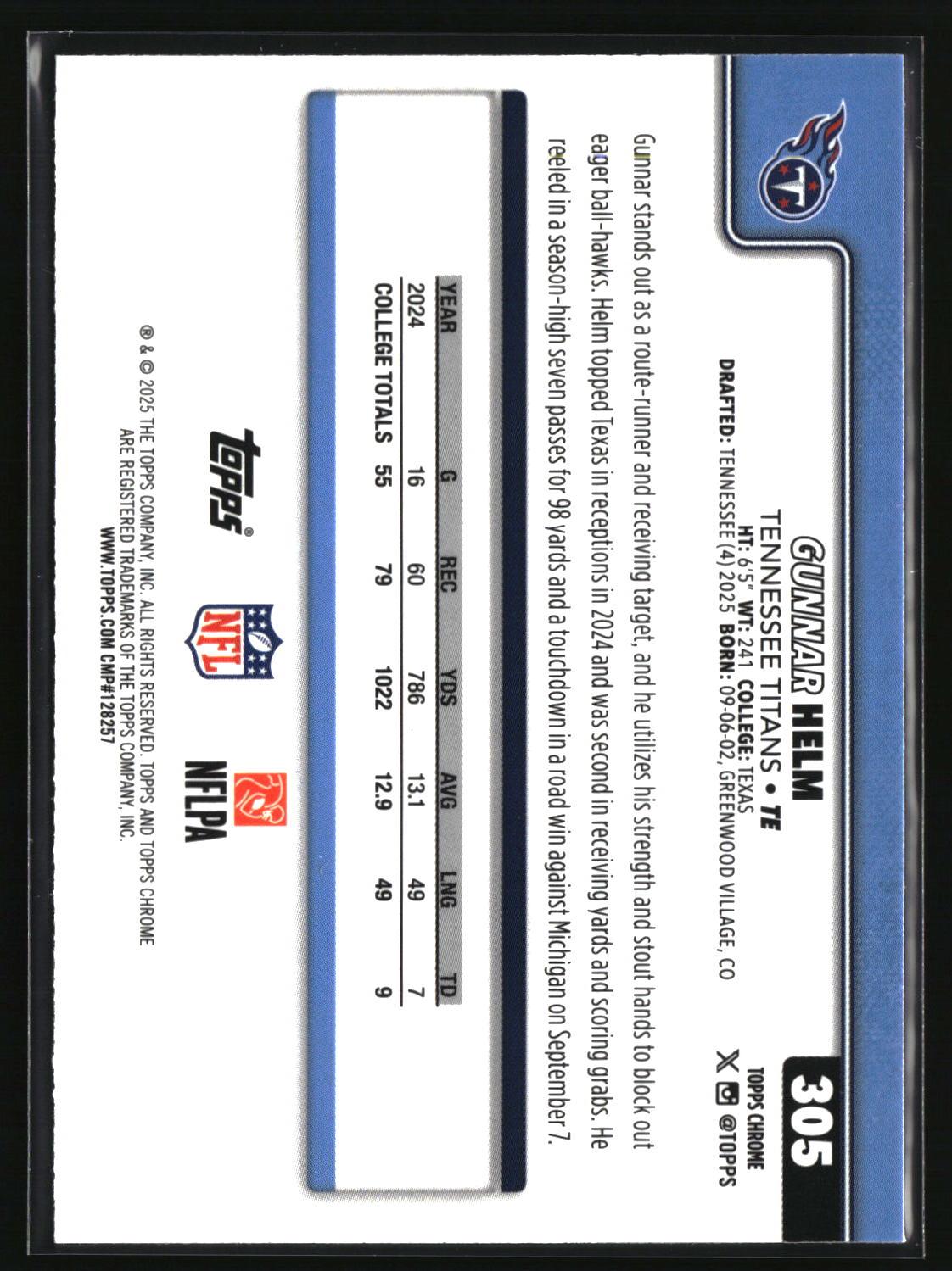 Gunnar Helm 2025 Topps Chrome Football Leather Refractor #305