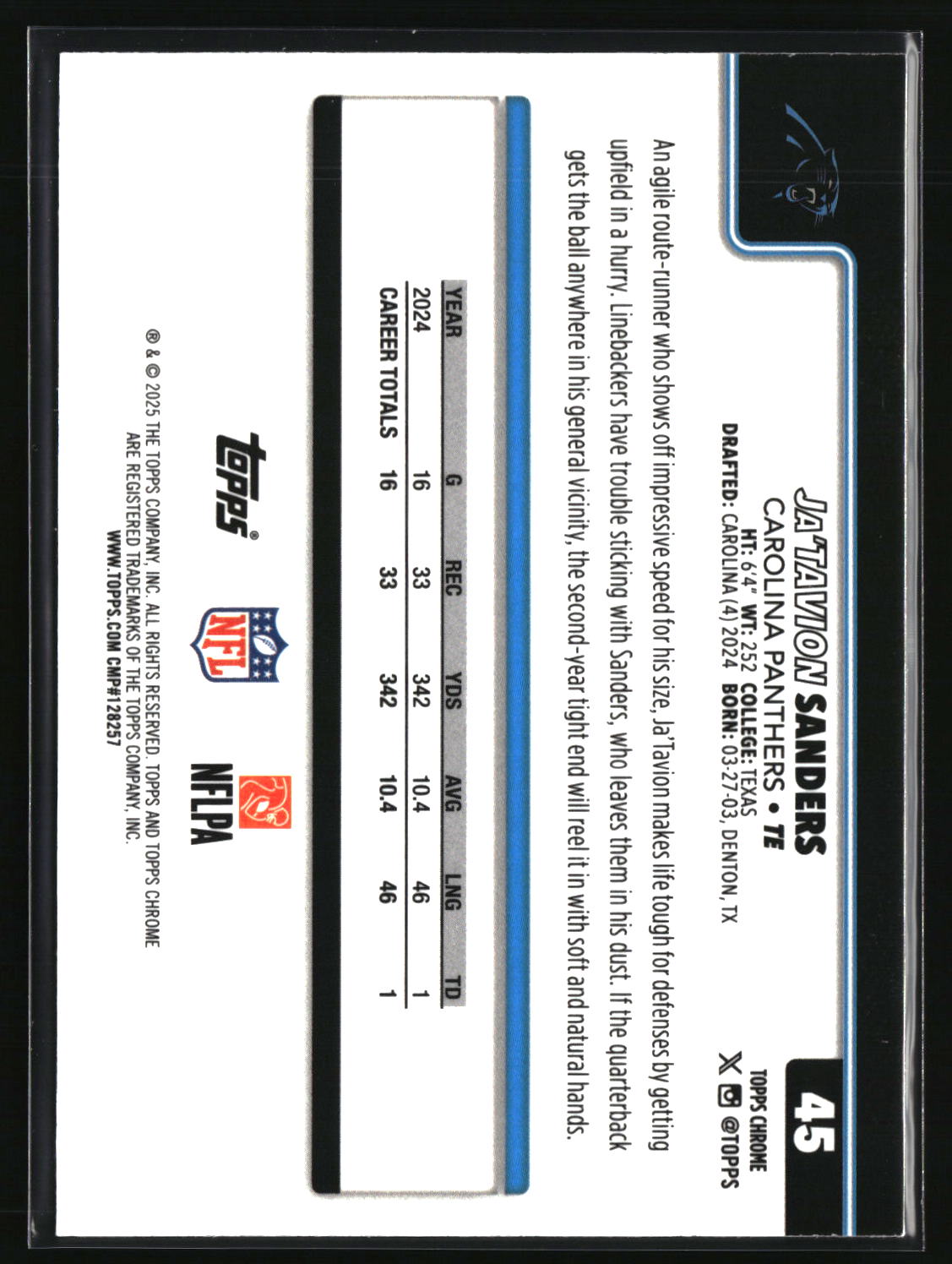 Ja'Tavion Sanders 2025 Topps Chrome Pulsar Refractor #45