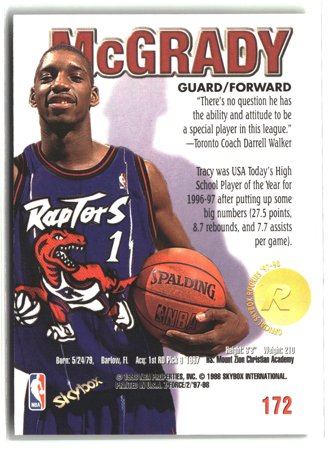 Tracy McGrady 1997-98 SkyBox Z-Force #172b