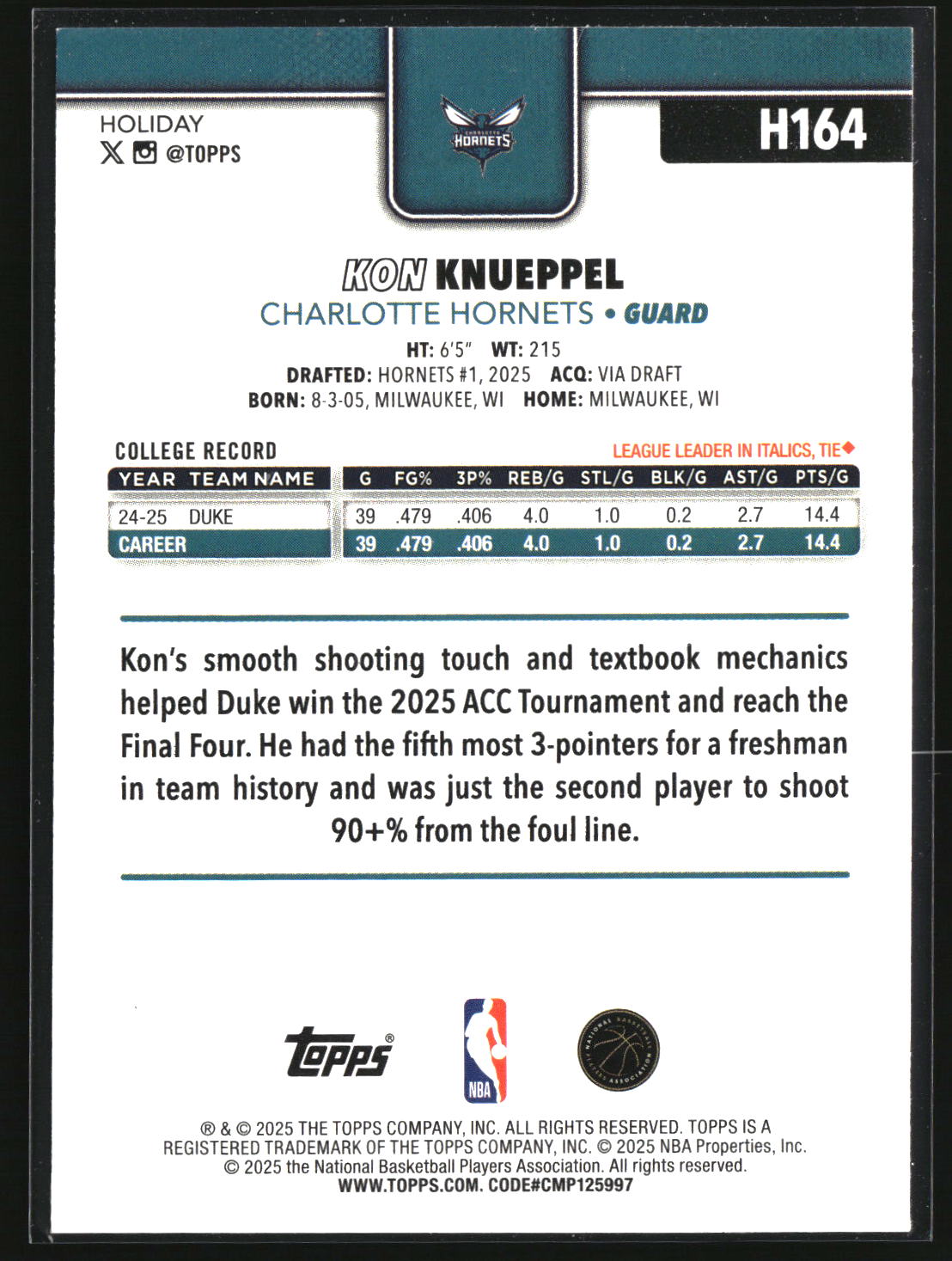 Kon Knueppel 2025-26 Topps Holiday #H164