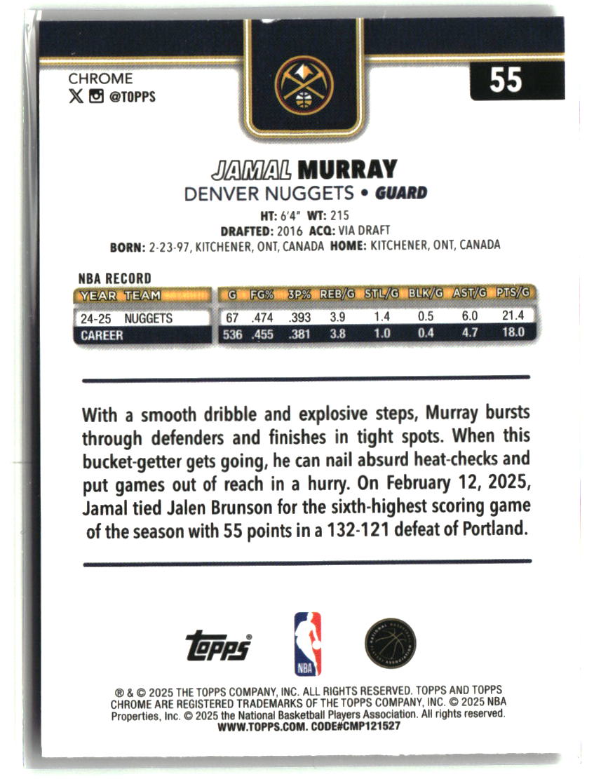 Jamal Murray 2025-26 Topps Chrome Basketball Refractor #55