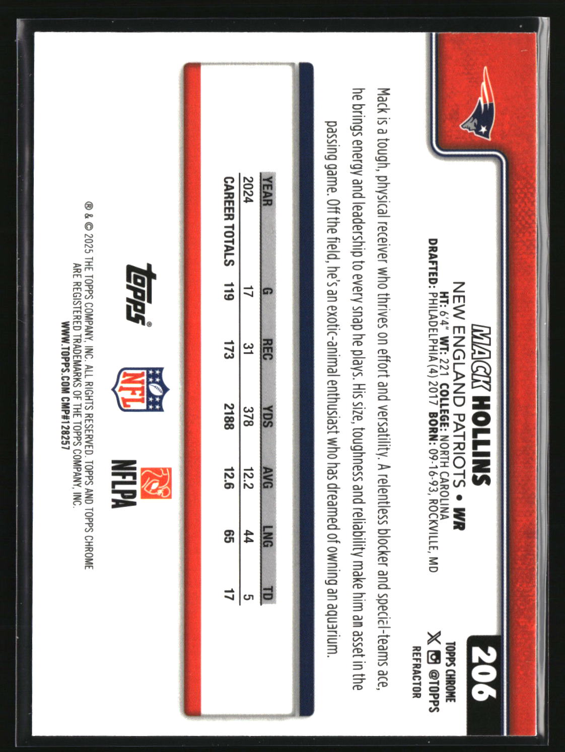 Mack Hollins 2025 Topps Chrome Refractor #206