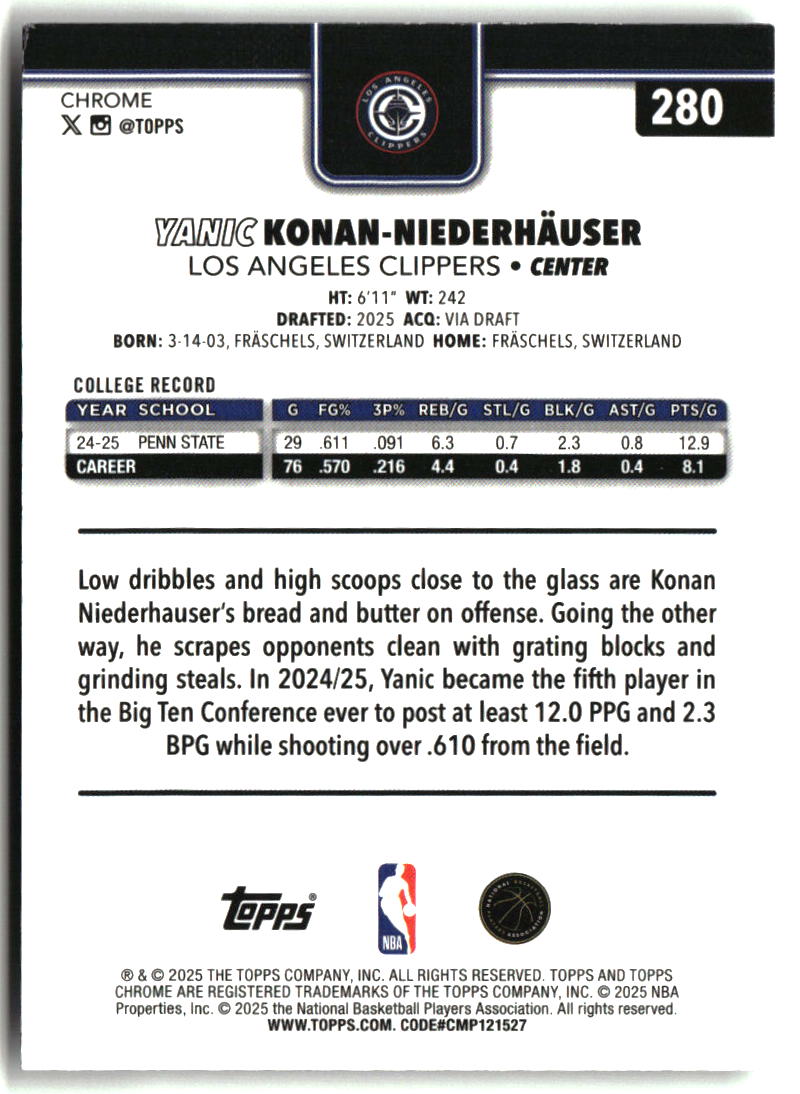 Yanic Konan Niederh�user 2025-26 Topps Chrome #280