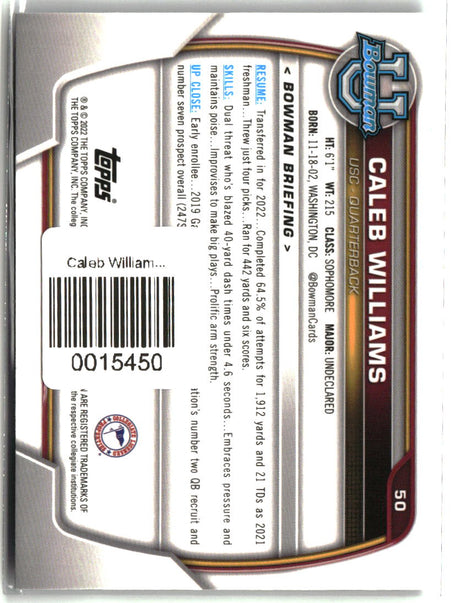 Caleb Williams 2022 Bowman University Chrome #50