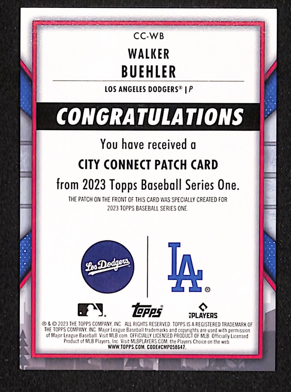 Walker Buehler 2023 Topps City Connect Cap Patches #CC-WB
