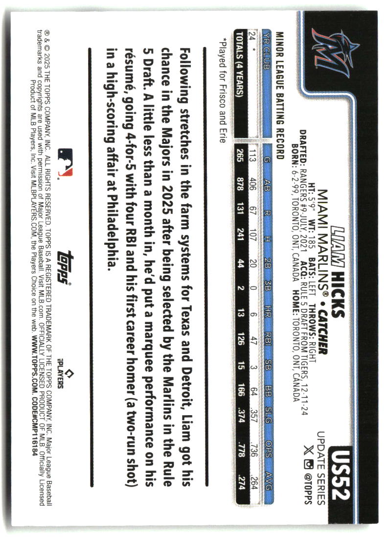 Liam Hicks 2025 Topps Update #US52