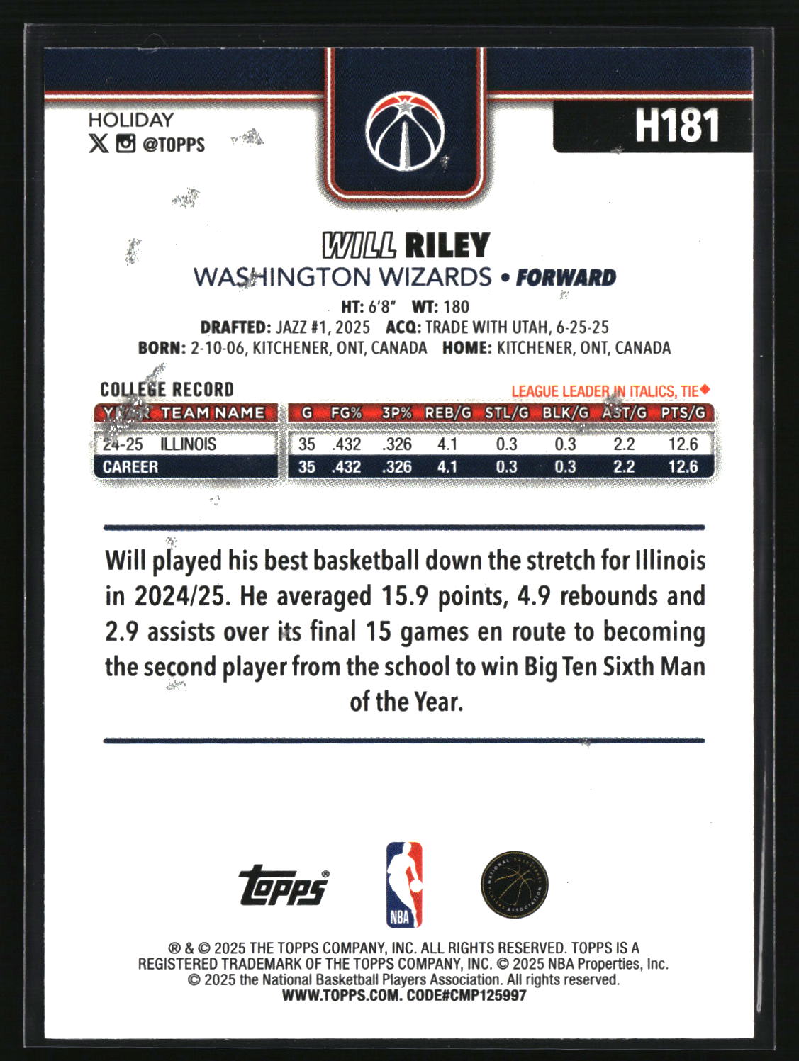 Will Riley 2025-26 Topps Holiday Glitter Holiday #H181