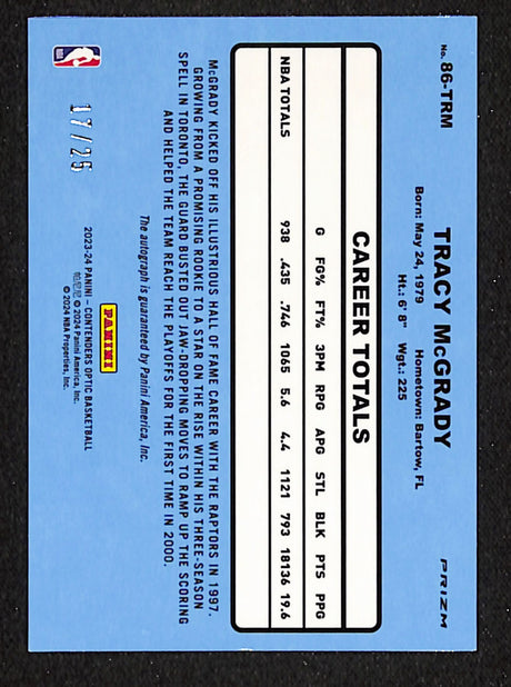 Tracy McGrady 2023-24 Contenders Optic 1986 Tribute Autographs Blue #86-TRM #/25