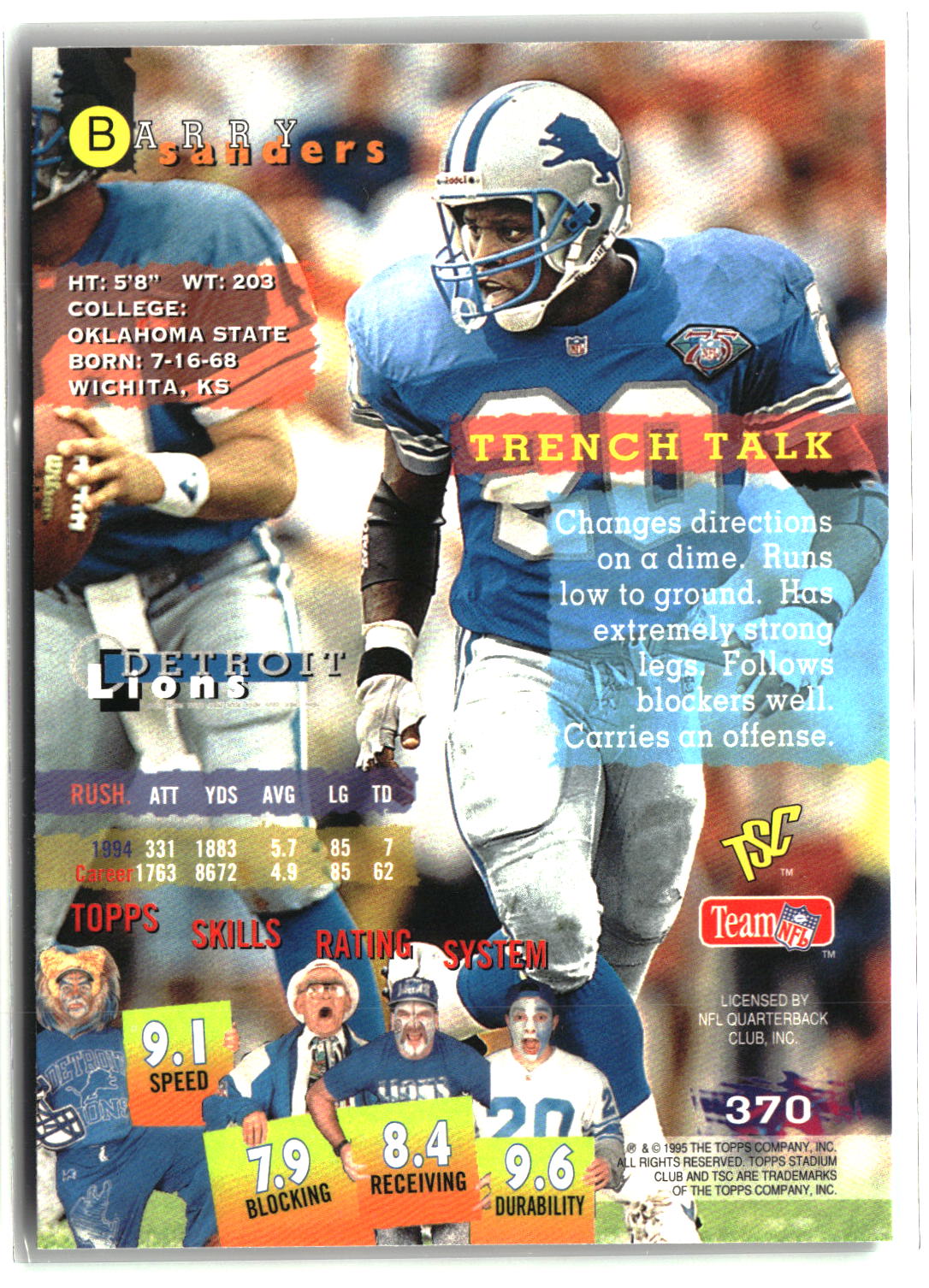 Barry Sanders 1995 Stadium Club #370