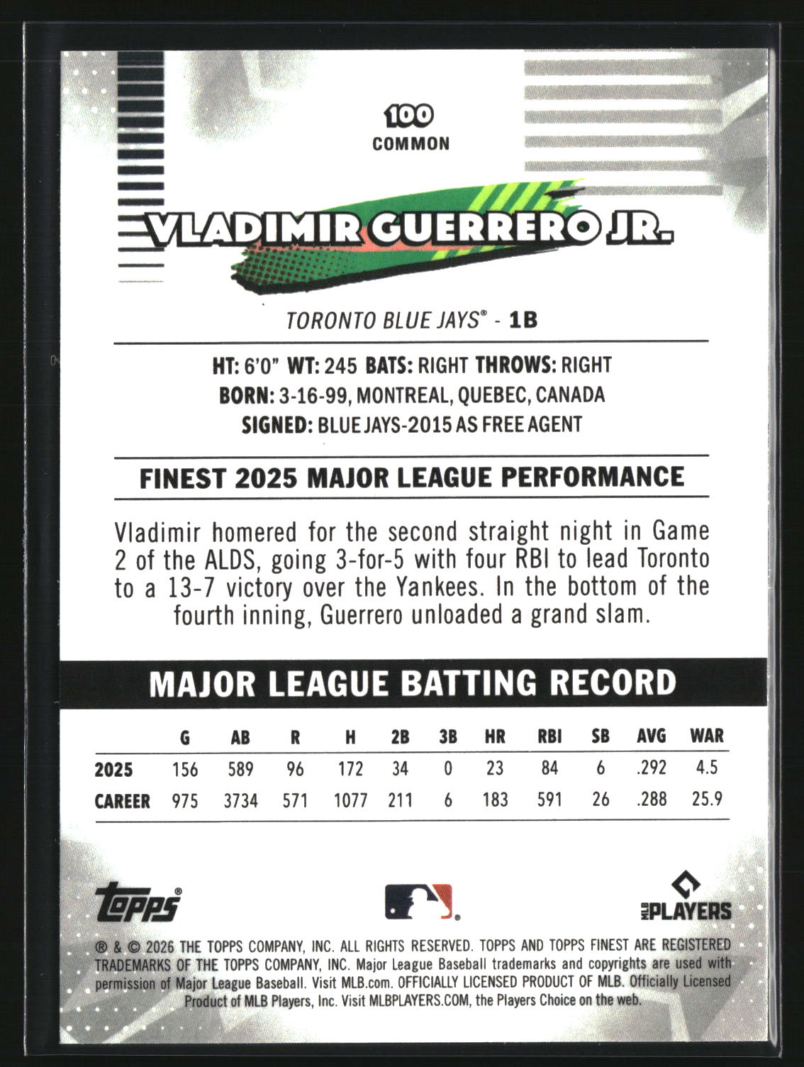 Vladimir Guerrero Jr 2026 Finest #100
