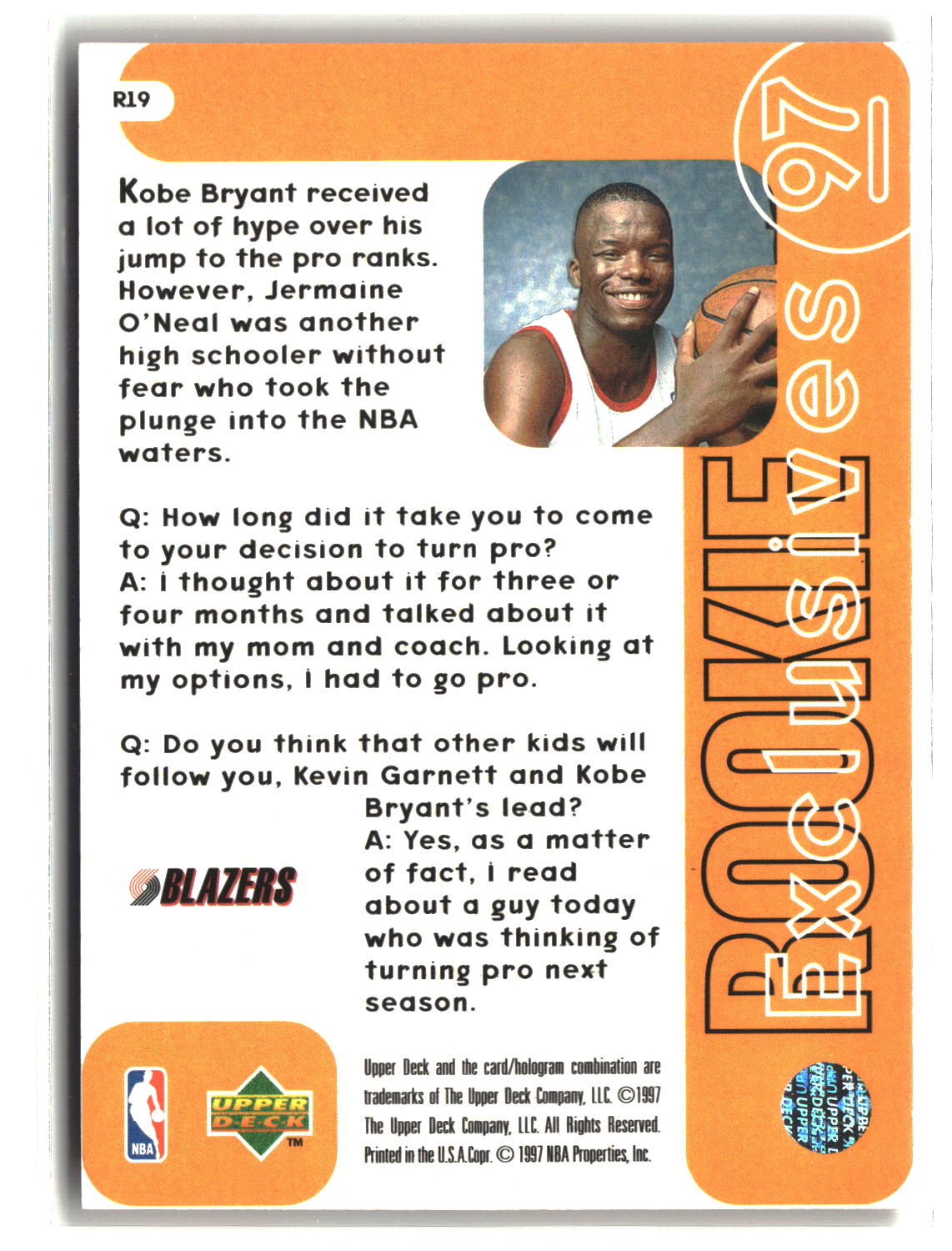 Jermaine O'Neal 1996-97 Upper Deck Rookie Exclusives #R19
