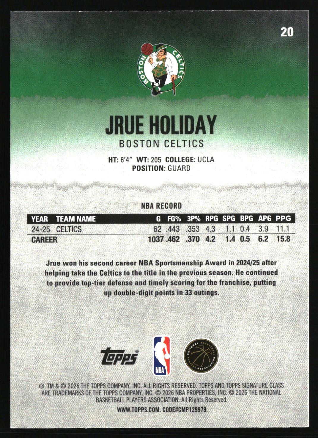 Jrue Holiday 2025-26 Topps Signature Class #20
