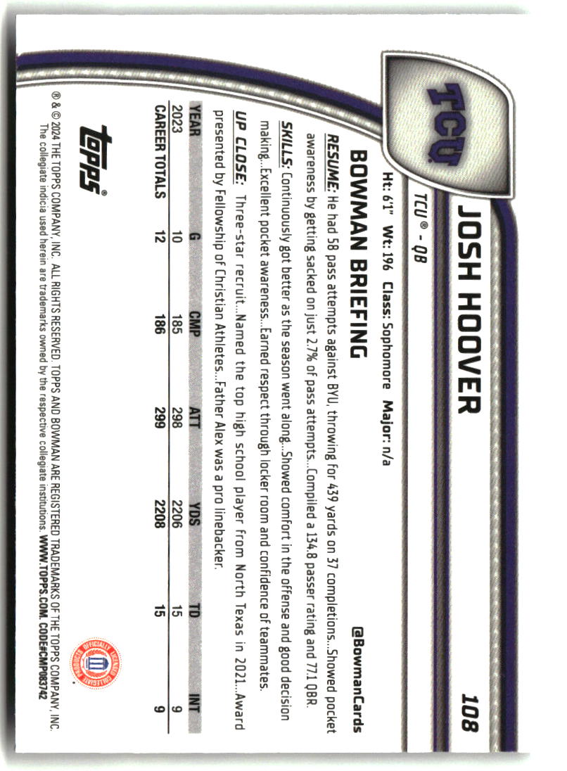 Josh Hoover 2024 Bowman University Chrome #108