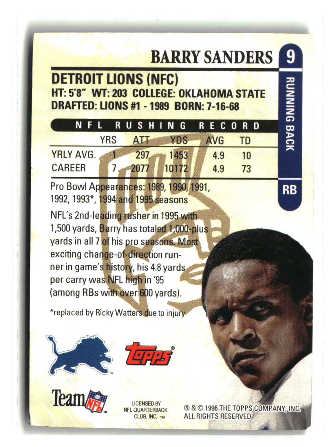 Barry Sanders 1996 Topps Gilt Edge #9