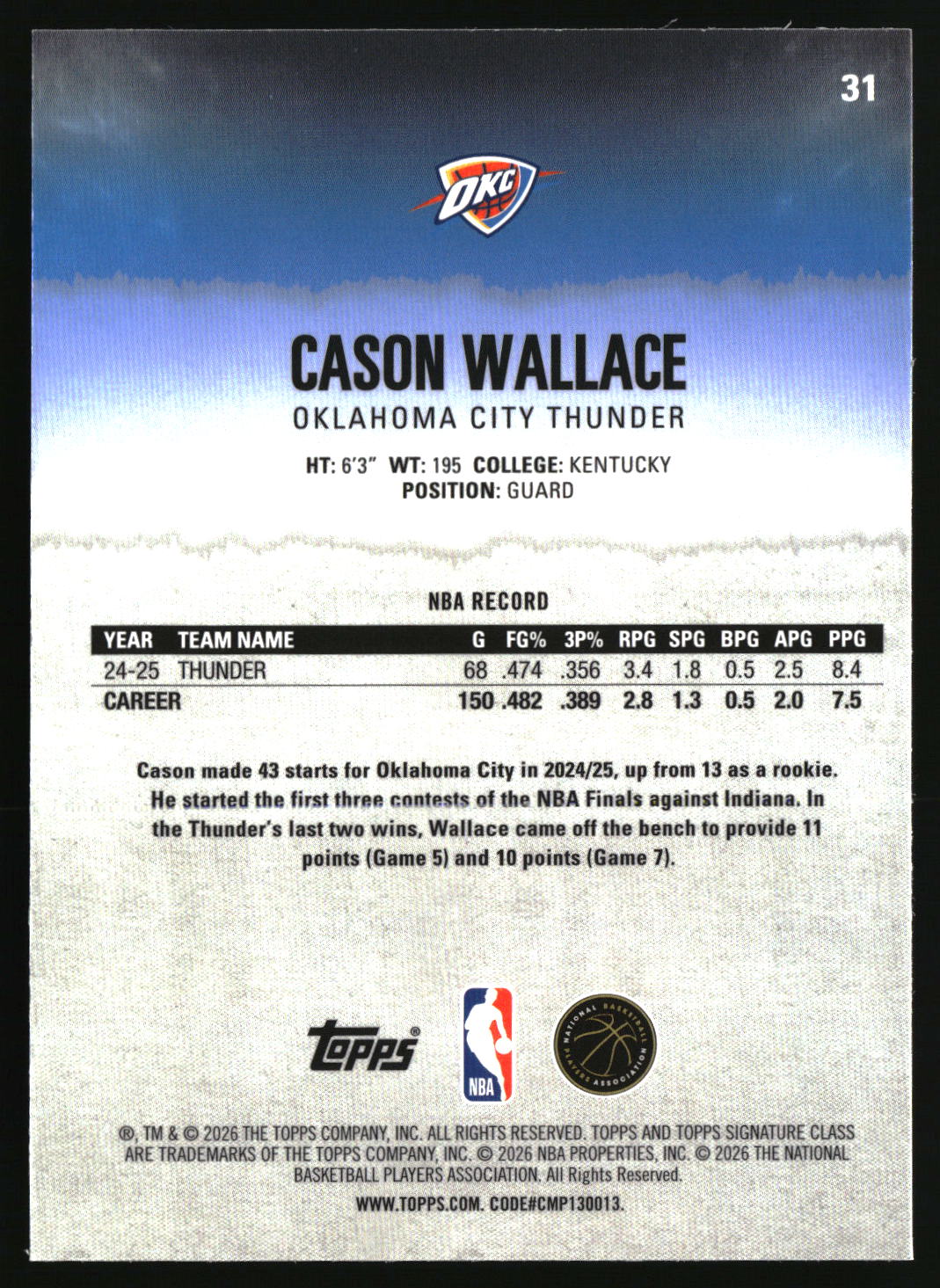 Cason Wallace 2025-26 Topps Signature Class Chrome #31
