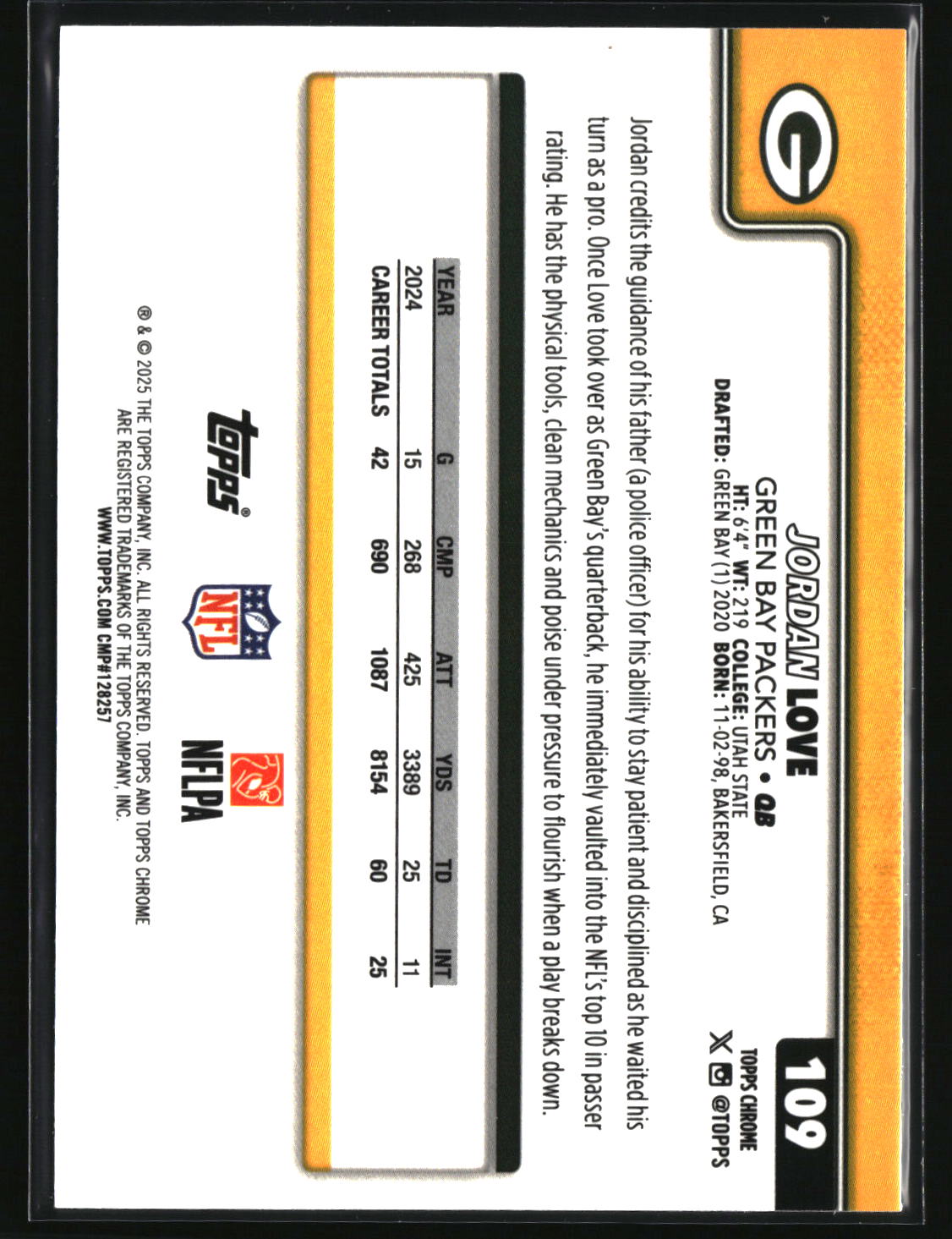 Jordan Love 2025 Topps Chrome Ray Wave Refractor #109