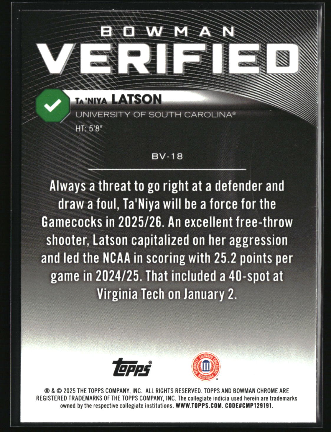 Ta'Niya Latson 2025-26 Bowman Bowman Verified #BV-18