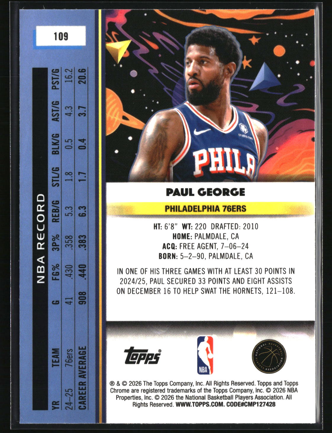Paul George 2025-26 Topps Chrome Cosmic #109