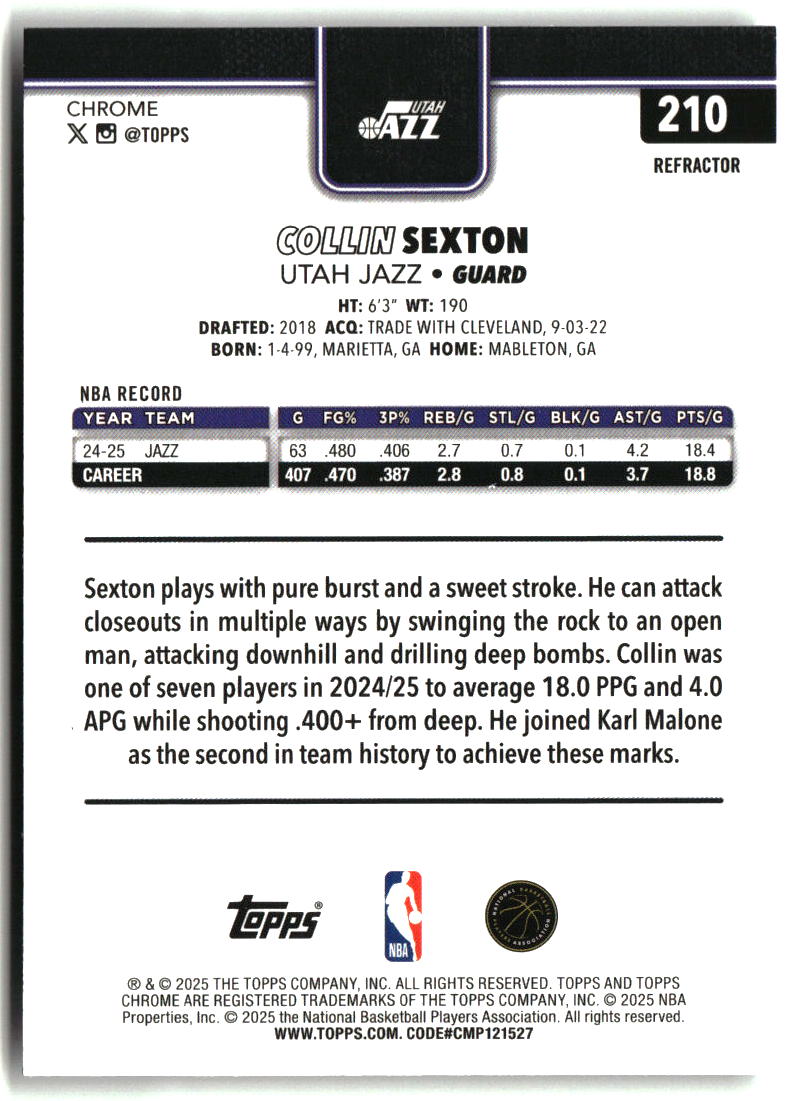 Collin Sexton 2025-26 Topps Chrome Refractor #210