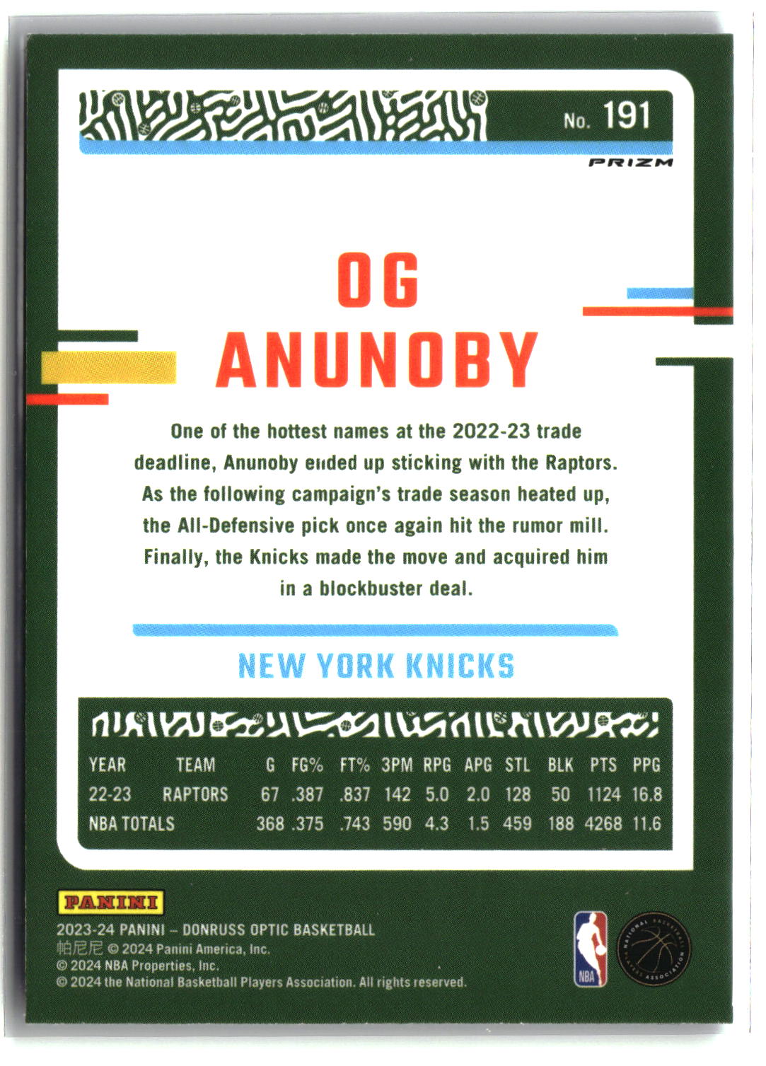 OG Anunoby 2023-24 Donruss Optic Purple Shock #191