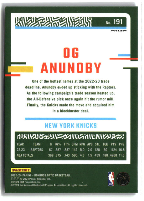 OG Anunoby 2023-24 Donruss Optic Purple Shock #191
