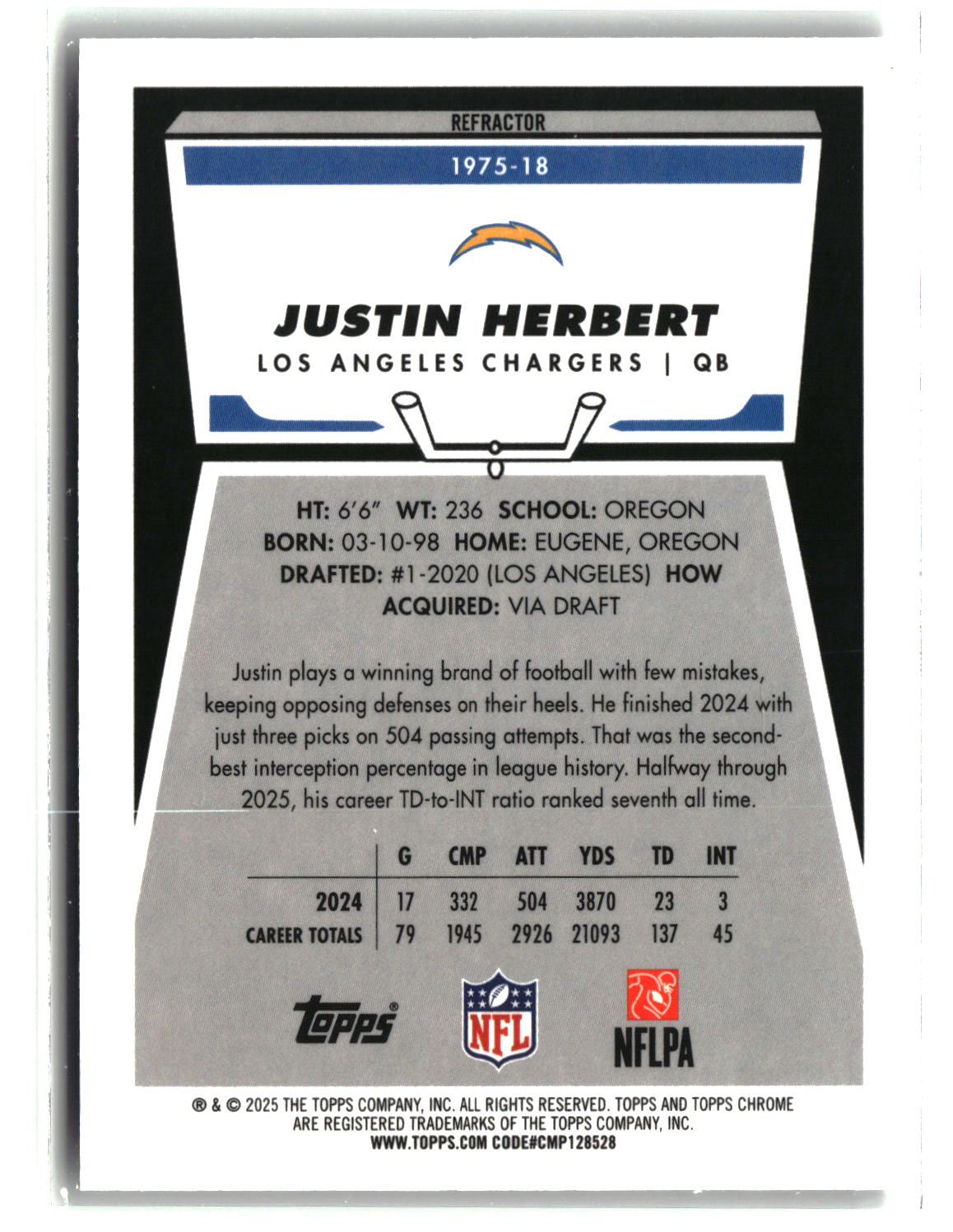 Justin Herbert 2025 Topps Chrome 1975 Topps Refractor #1975-18
