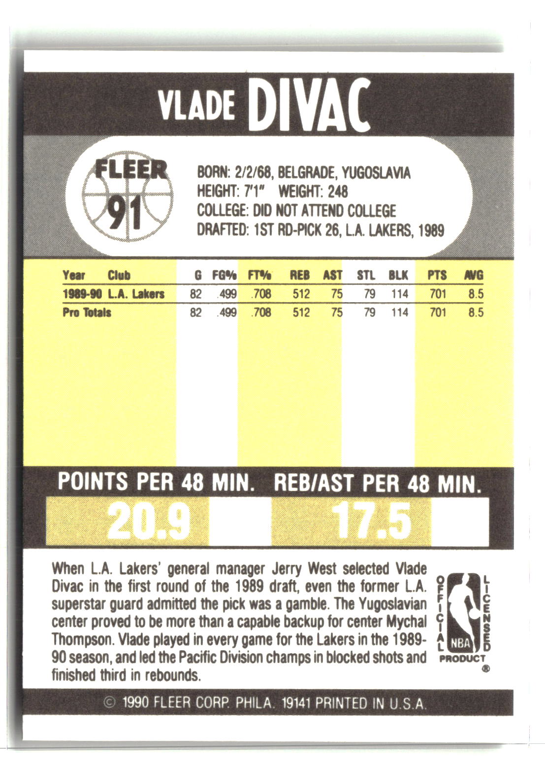 Vlade Divac 1990-91 Fleer #91