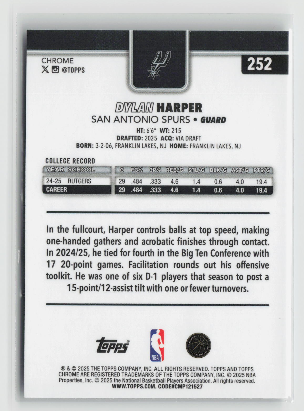 Dylan Harper 2025-26 Topps Chrome #252