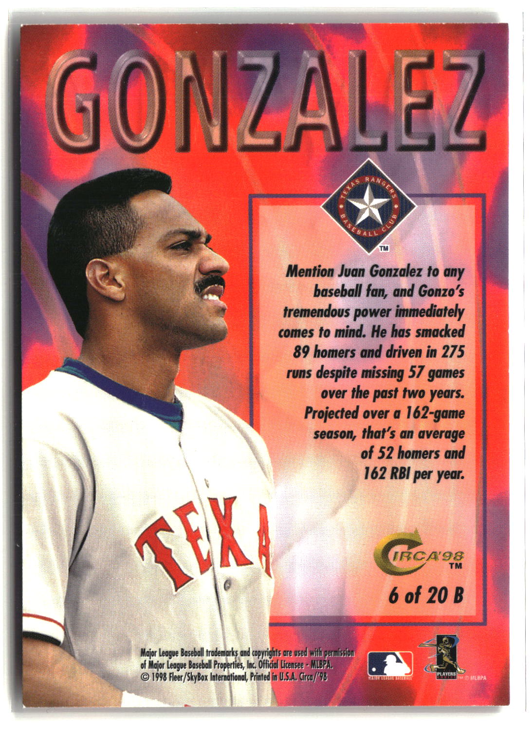 Juan Gonzalez 1998 Circa Thunder Boss #6B