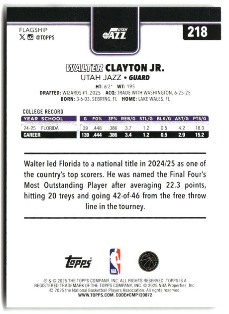 Walter Clayton Jr. 2025-26 Topps #218