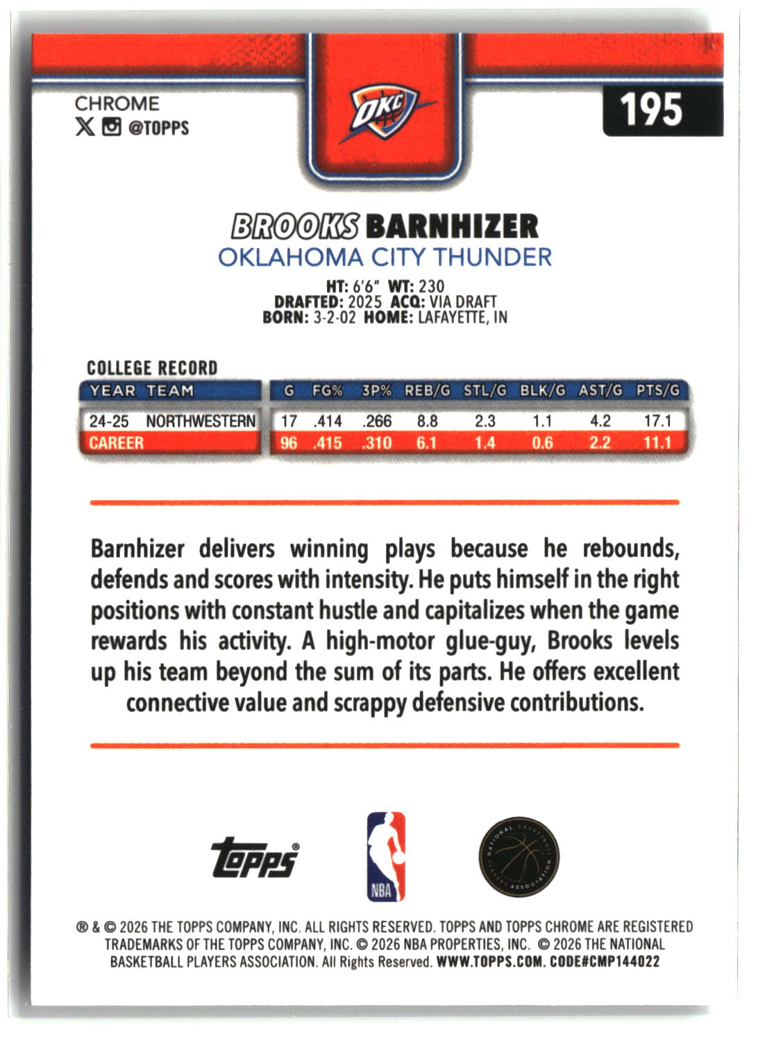 Brooks Barnhizer 2025-26 Topps Chrome Update #195