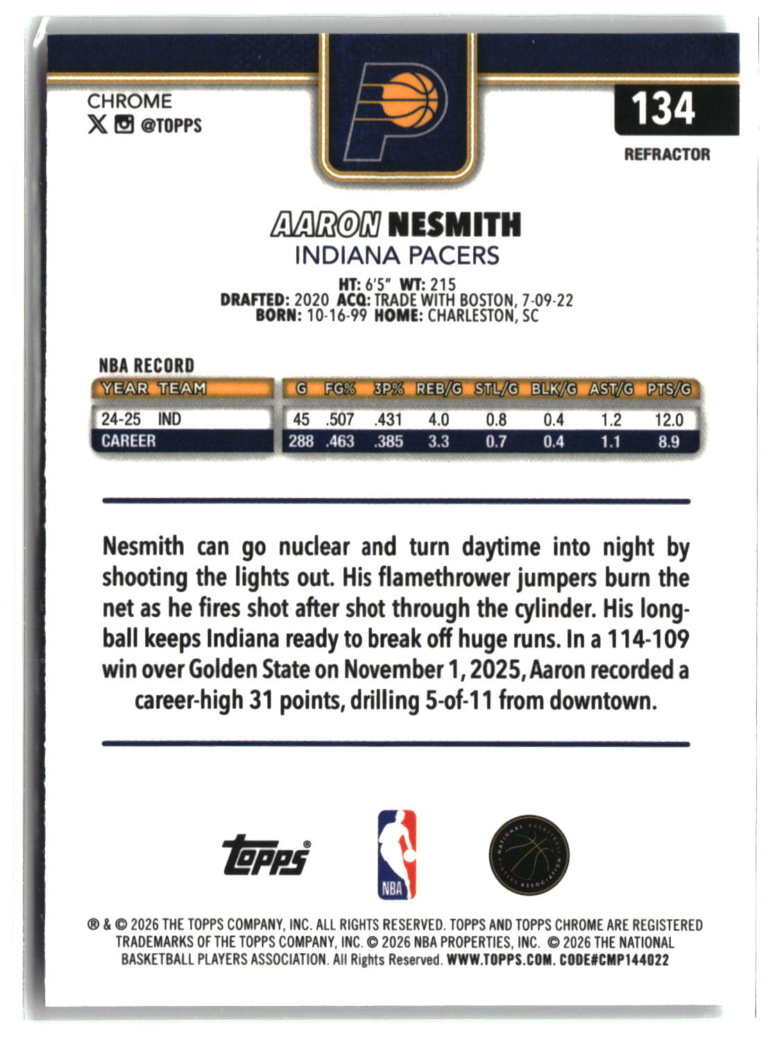 Aaron Nesmith 2025-26 Topps Chrome Update Refractor #134