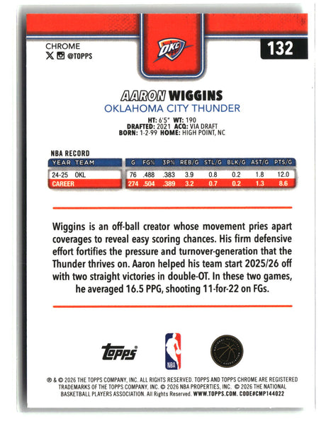 Aaron Wiggins 2025-26 Topps Chrome Update Prism Refractor #132