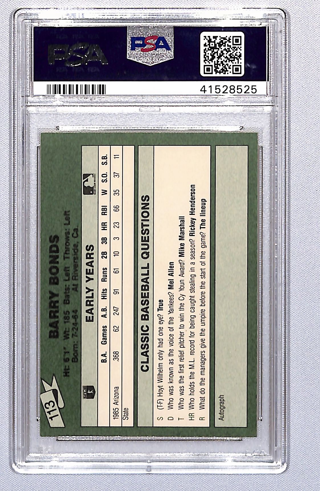 Barry Bonds 1987 Classic Travel Update Yellow Green Back #113 PSA 6