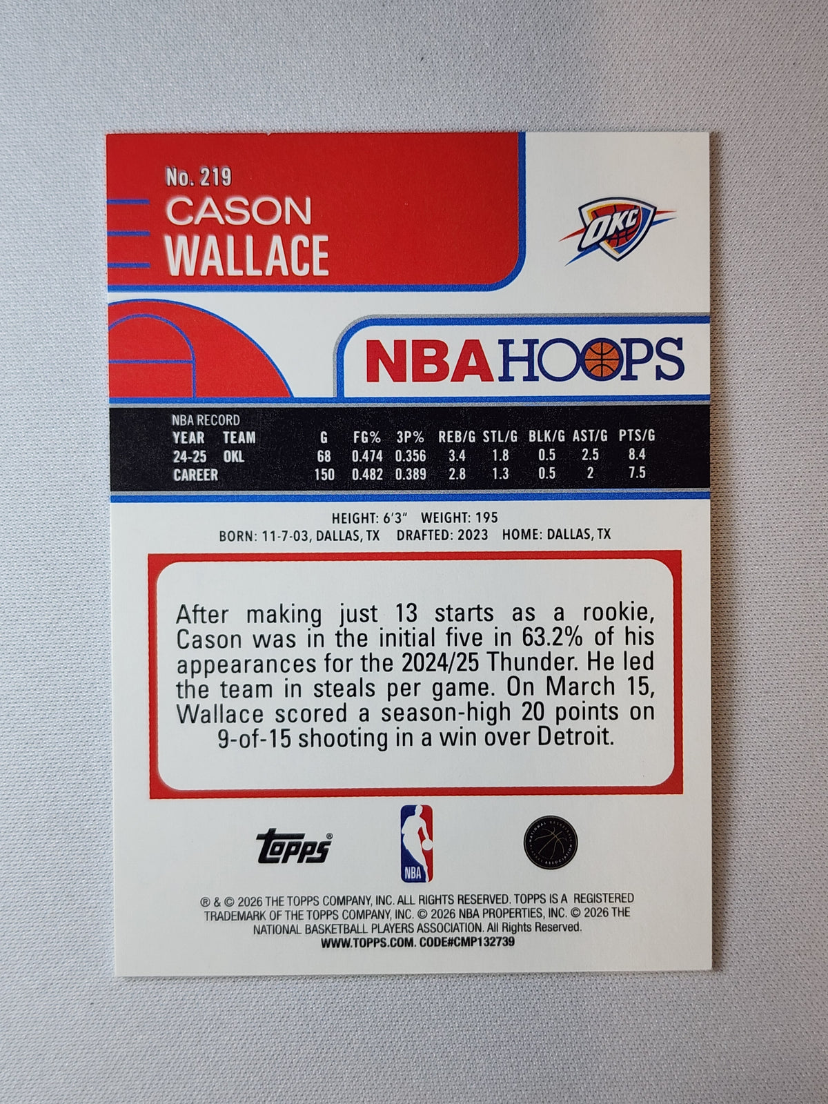 Cason Wallace 2025-26 Hoops Pixel Burst Orange #219 15/25