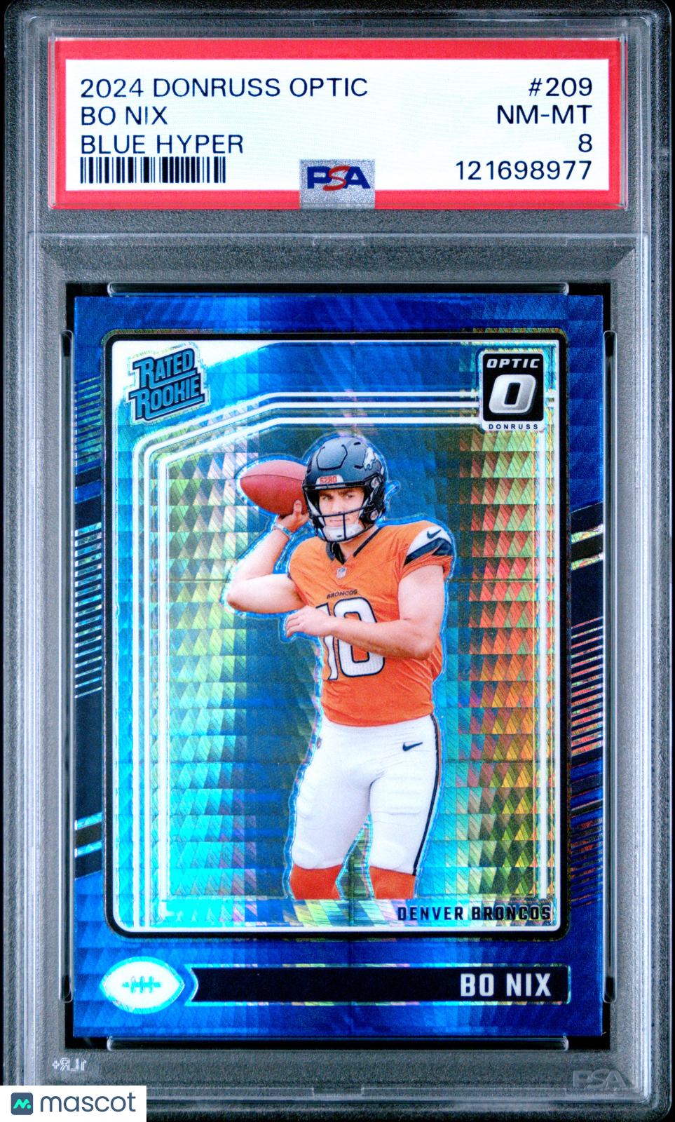 Bo Nix 2024 Panini Donruss Optic Blue Hyper #209 PSA 8