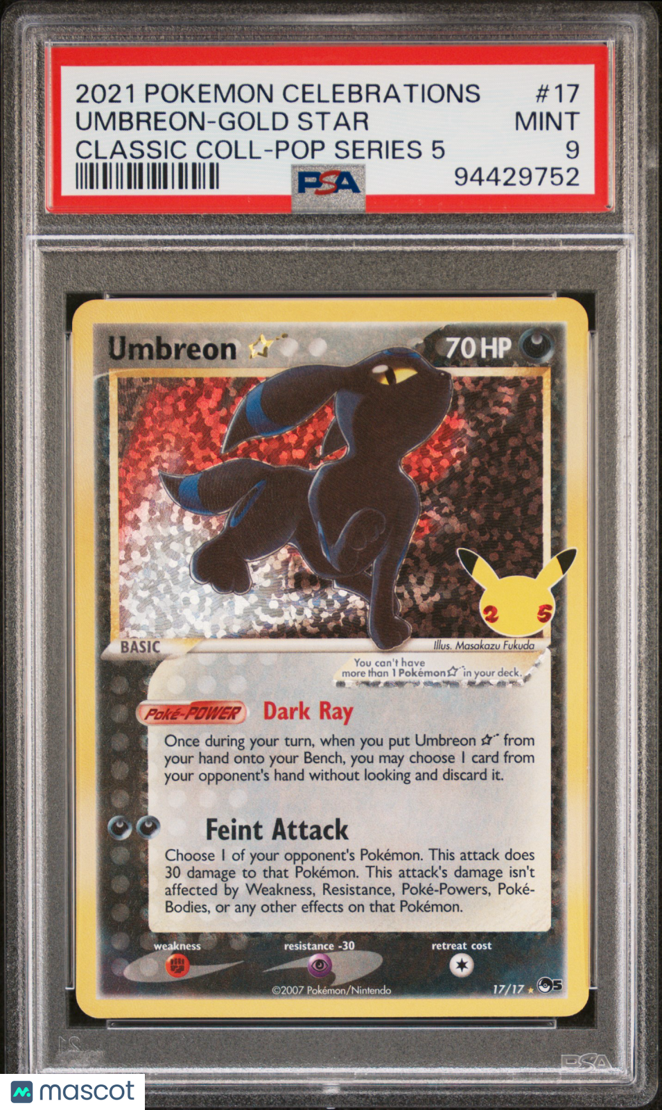Umbreon-Gold Star 2021 Pokemon Celebrations Classic Collection #17 PSA 9