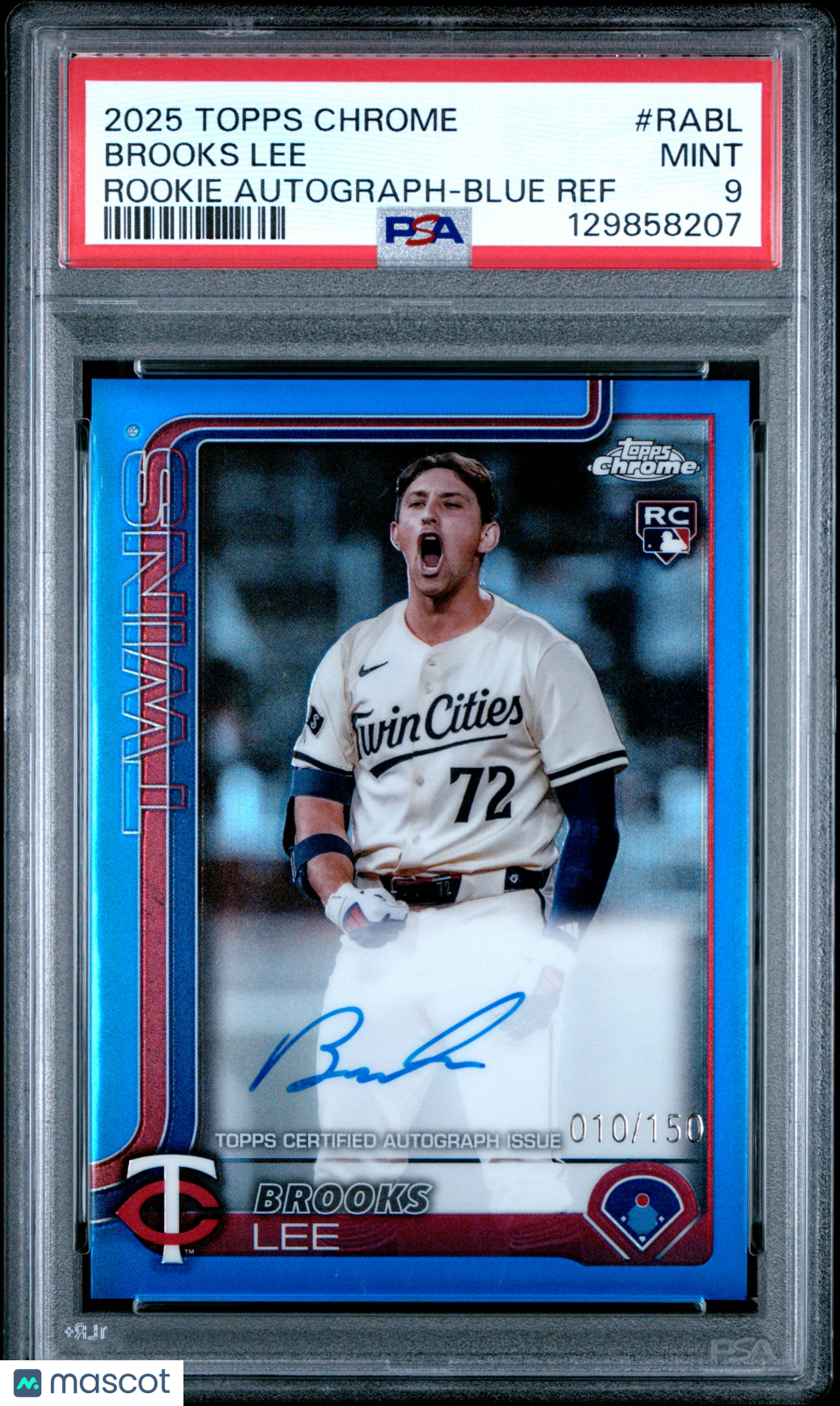 Brooks Lee 2025 Topps Chrome Rookie Autographs Blue Refractor #RA-BL /150 PSA 9