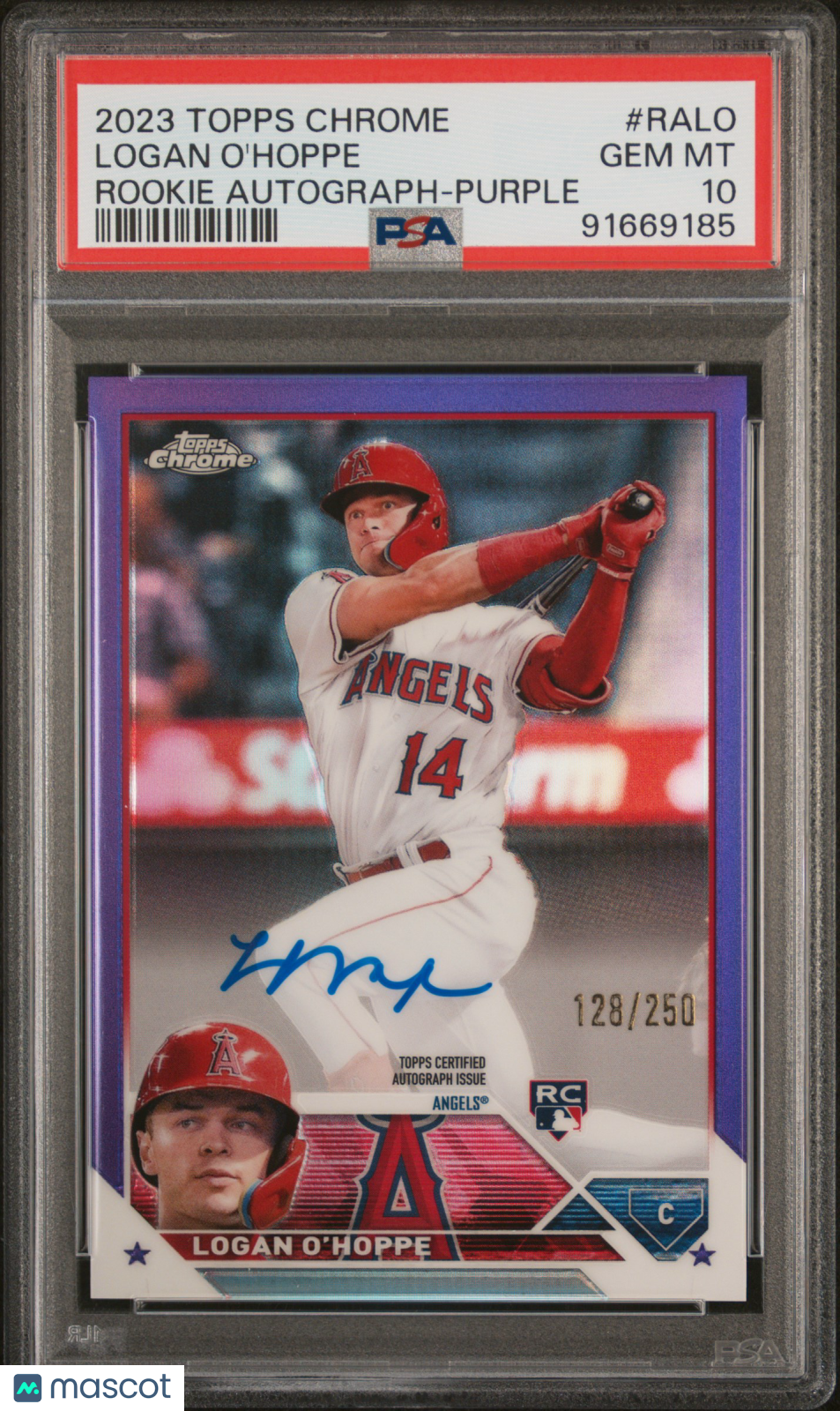 Logan O'Hoppe 2023 Topps Chrome Rookie Autographs Purple #RA-LO #/250 PSA 10