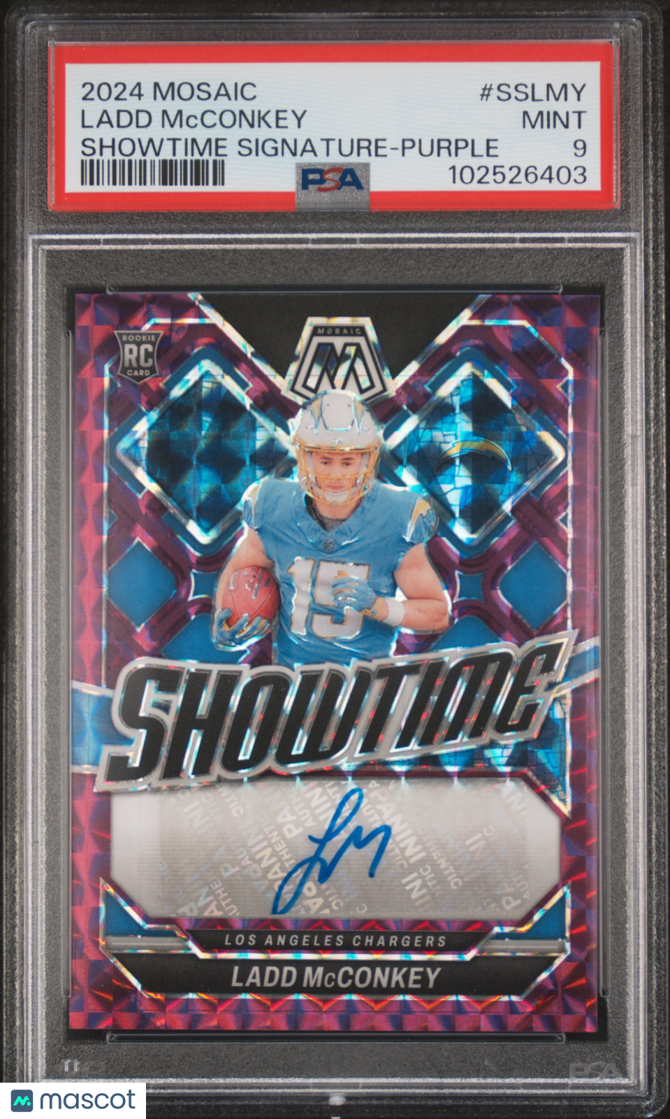 Ladd Mcconkey 2024 Panini Mosaic Showtime Signatures Purple #SSLMY 7/49 PSA 9