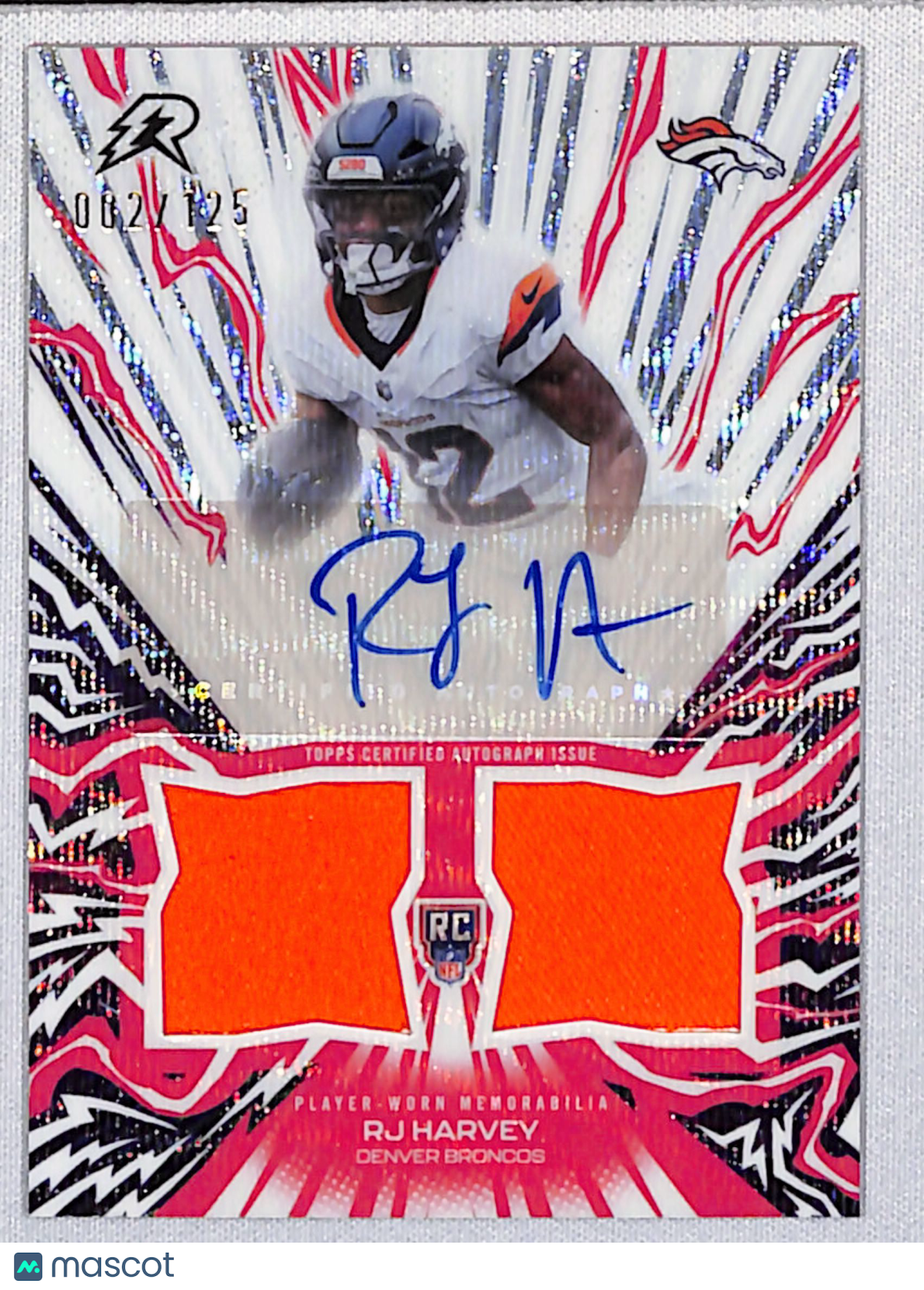RJ Harvey 2025 Topps Resurgence Amped Up Rookie Relic Auto White Surge Ref AU-RH