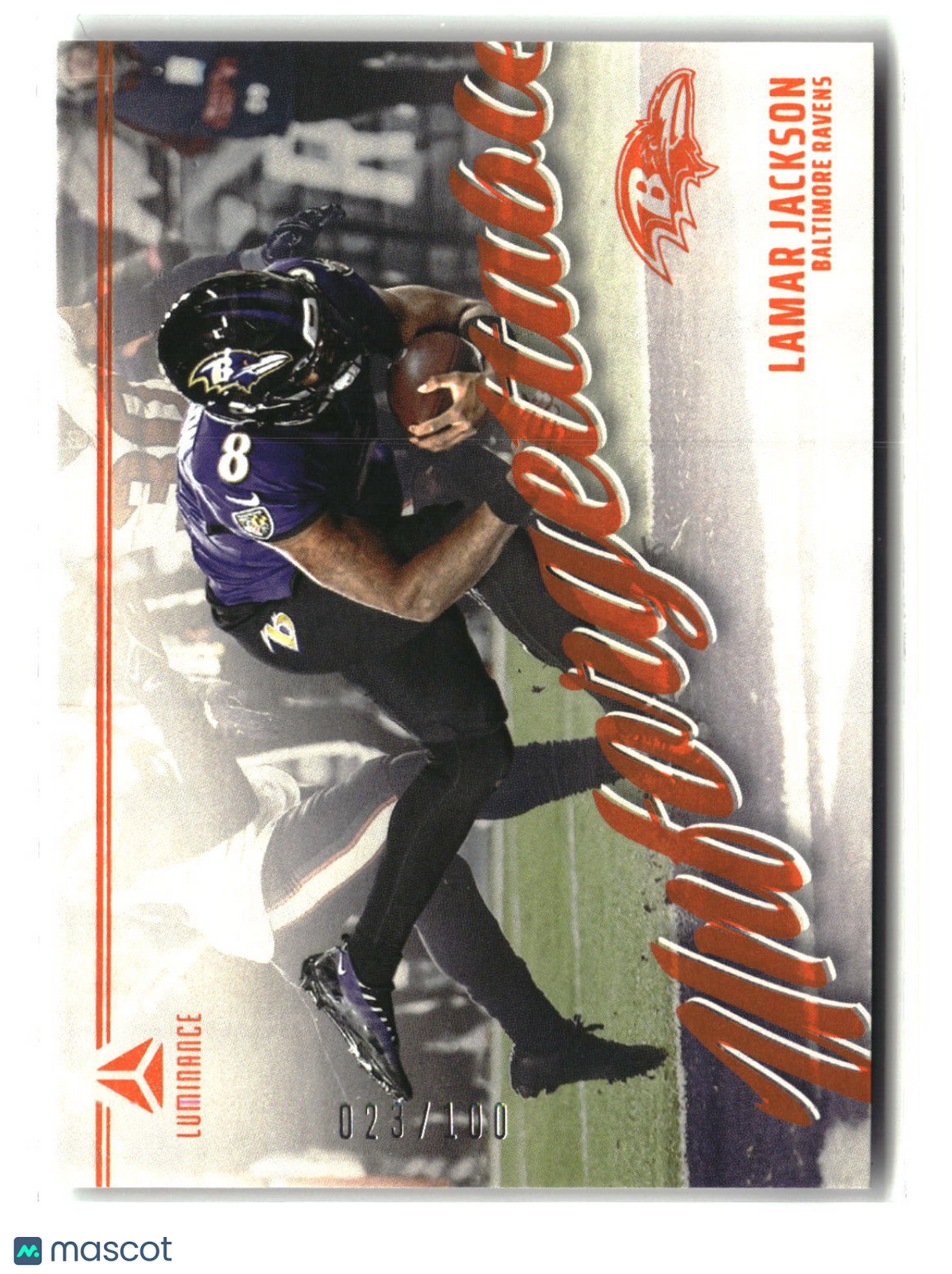 Lamar Jackson 2024 Panini Luminance Unforgettable Orange #UNF-LJN #/100