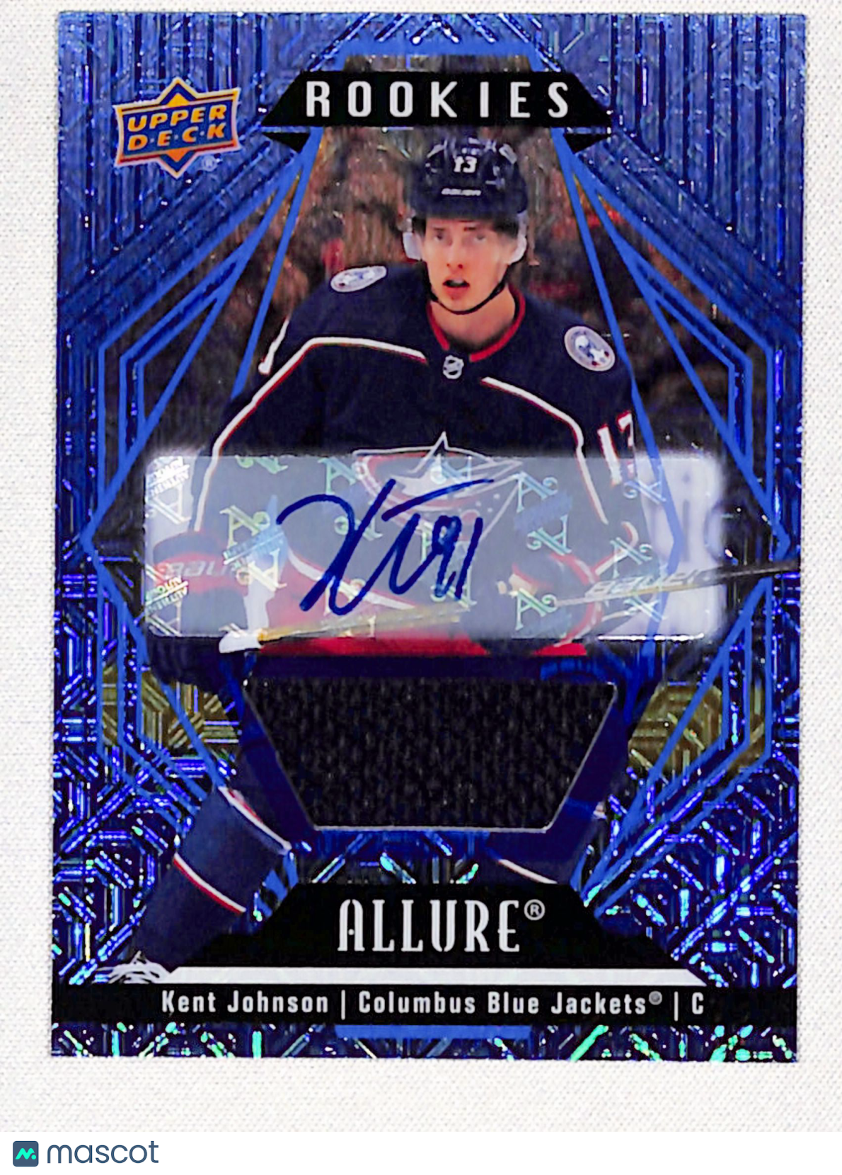 Kent Johnson 2022-23 Upper Deck Allure Auto Mem Blue Line #144 #/35