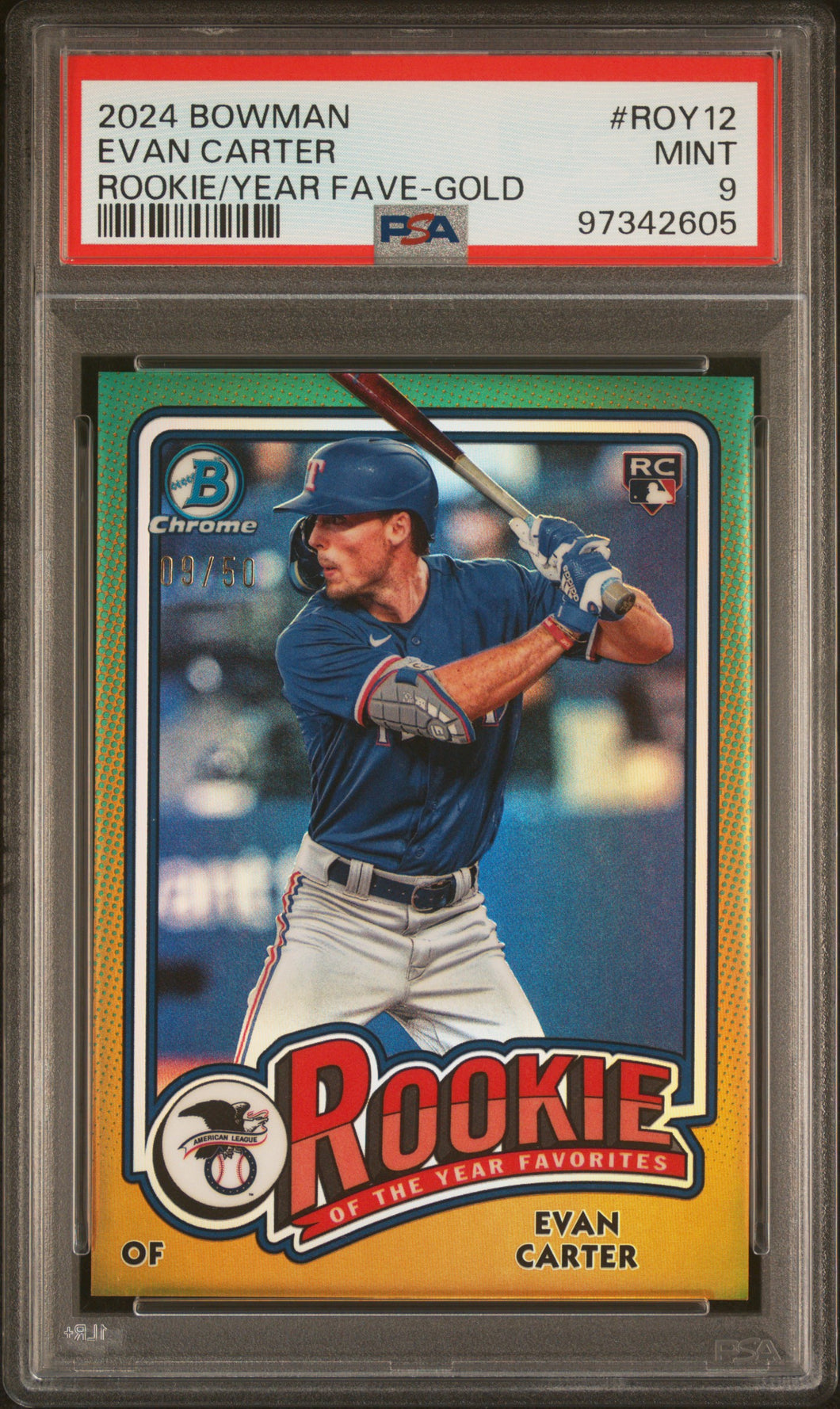 Evan Carter 2024 Bowman Rookie Of The Year Favorites Fave Gold #ROY12 PSA 9