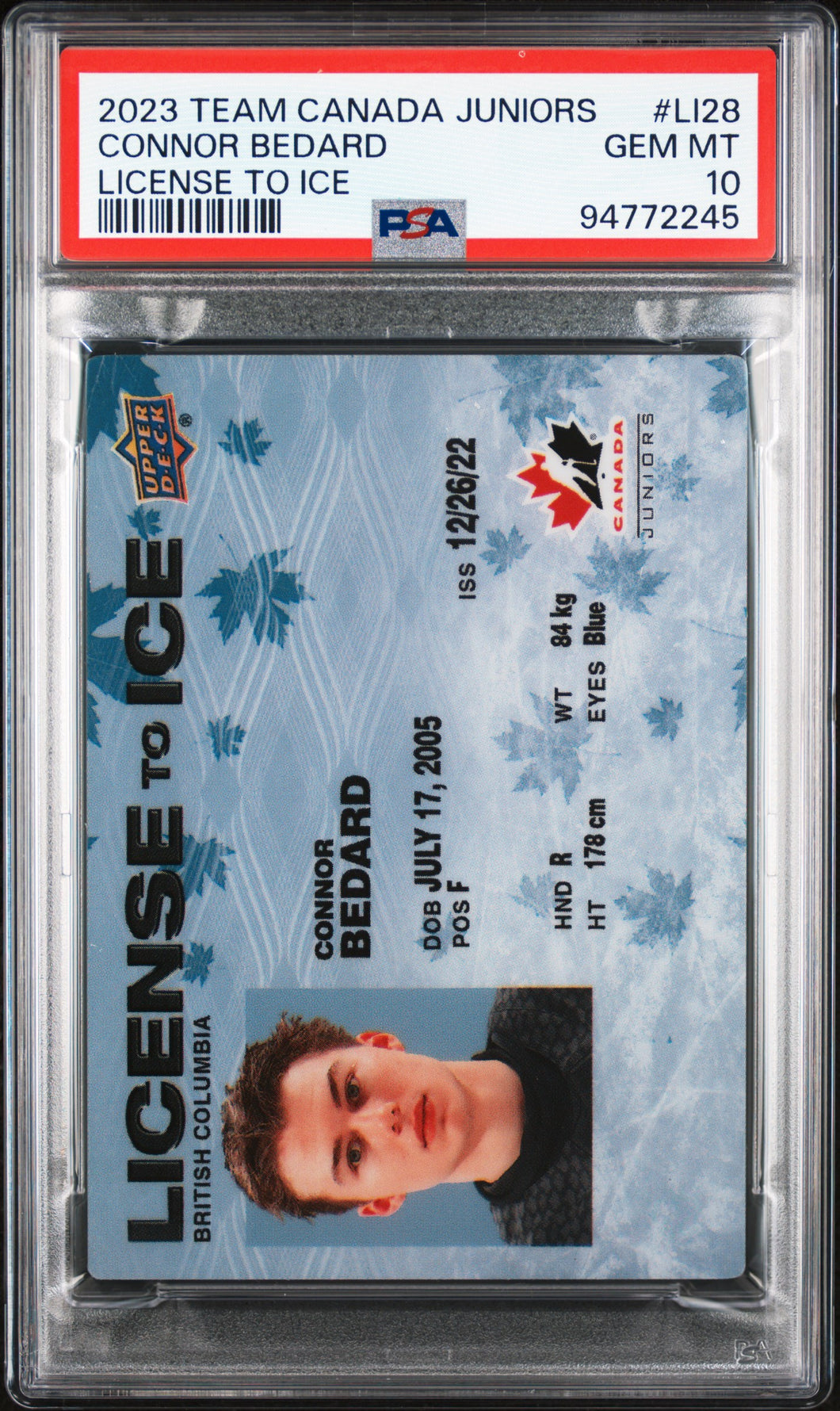 Connor Bedard 2023 Upper Deck Team Canada Juniors License To Ice #LI28 PSA 10