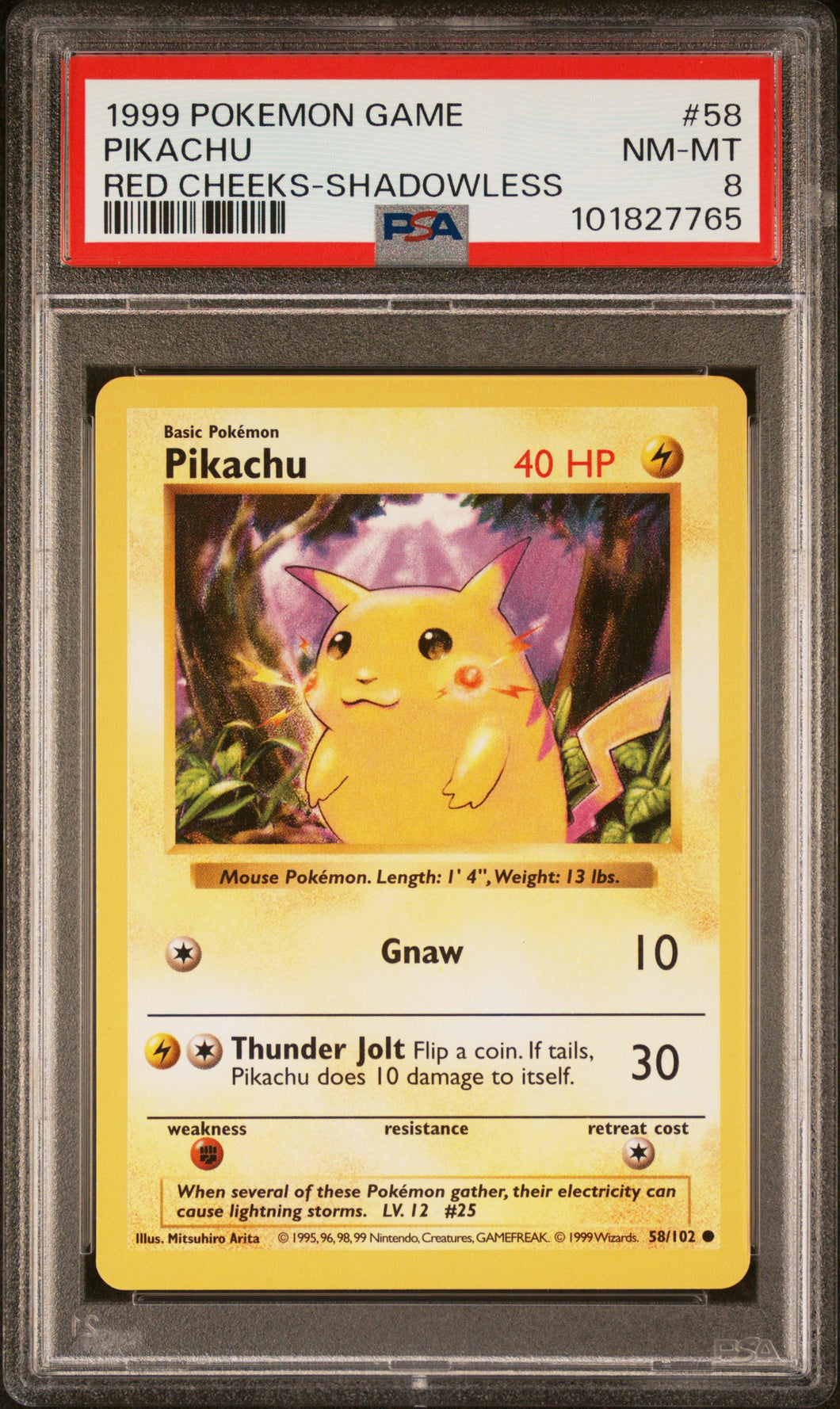 Pikachu 1999 Pokemon Game #58 Red Cheeks-Shadowless PSA 8