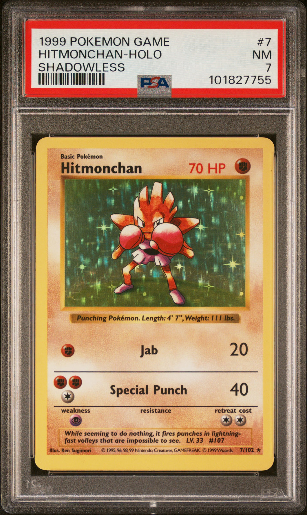 Hitmonchan 1999 Pokemon Game #7 Shadowless Holo PSA 7