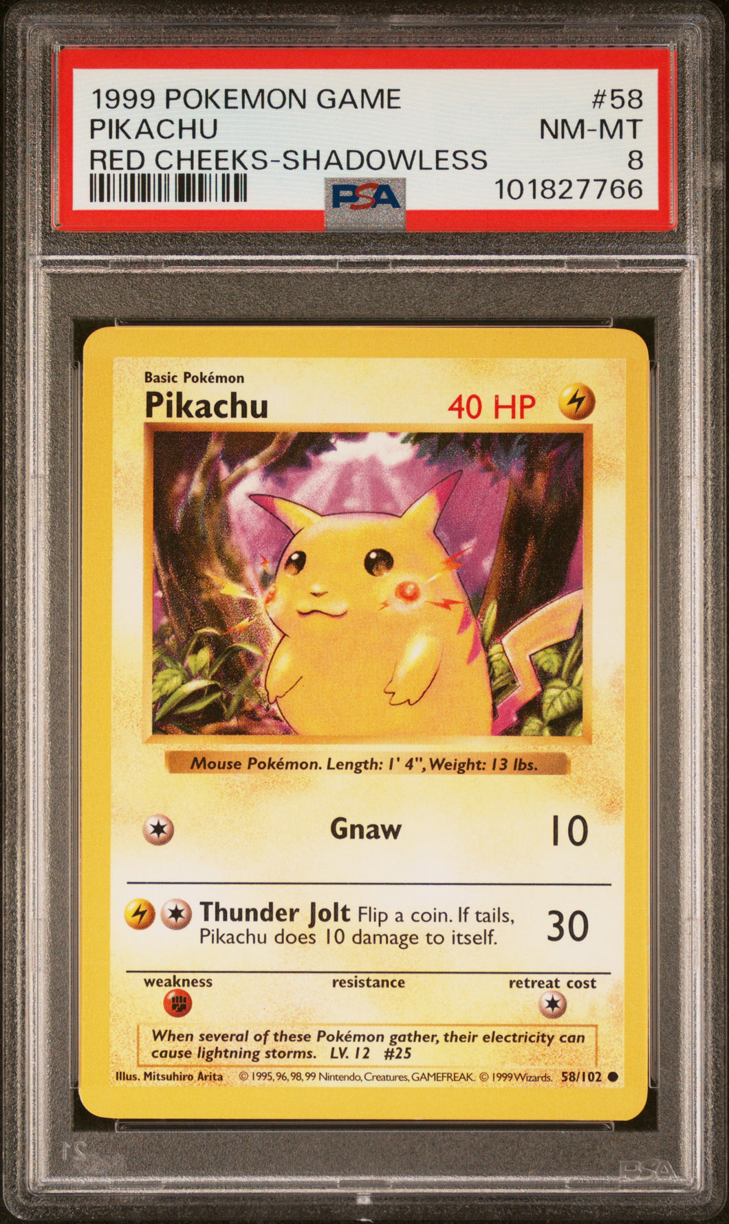 Pikachu 1999 Pokemon Game #58 Red Cheeks-Shadowless PSA 8